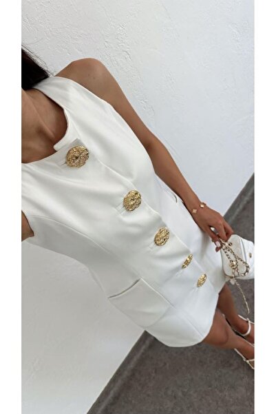 QİMYA BUTİK Miss NEŞEM Γυναικείο αμάνικο κοντό υφασμάτινο φόρεμα με χρυσά κουμπιά