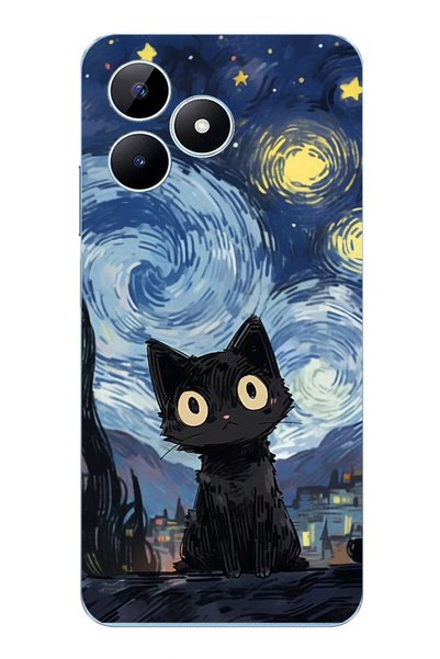 TechTree Realme Note 50 Compatible Midnight Cat Design Clear Silicone Case