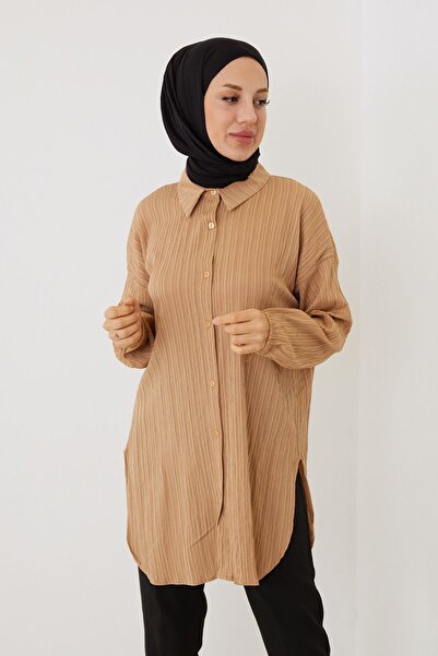 Foremia Sleeve Elastic Slit Detailed Tunic-Caramel