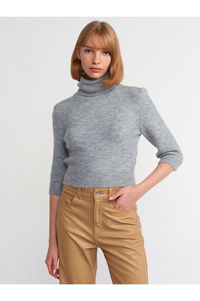 Dilvin 10306 Turtleneck Short Sleeve Crop Sweater-Beige