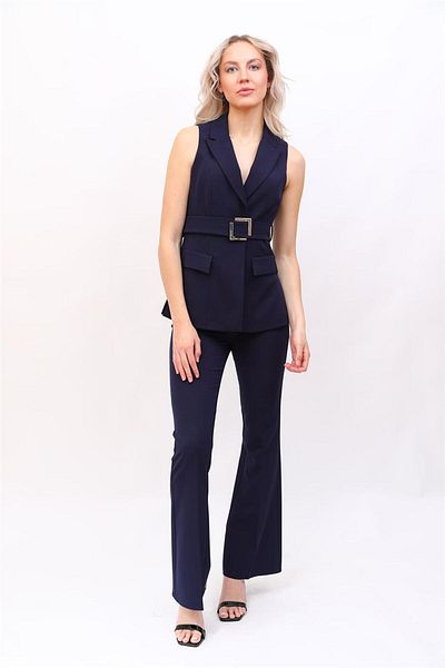 ÖNDER ÖZSOY Belted Classic Vest & Flared Trousers Set-Navy