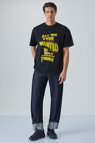 GRIMELANGE Edimburgo Men's Print Detailed 100% Organic Cotton Oversize Crew Neck Black T-Shirt
