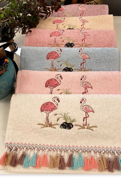Beğenal Set of 6 Flora Bukle (Flamingo) Embroidered Hand-Face Towels (50 X 90 cm)