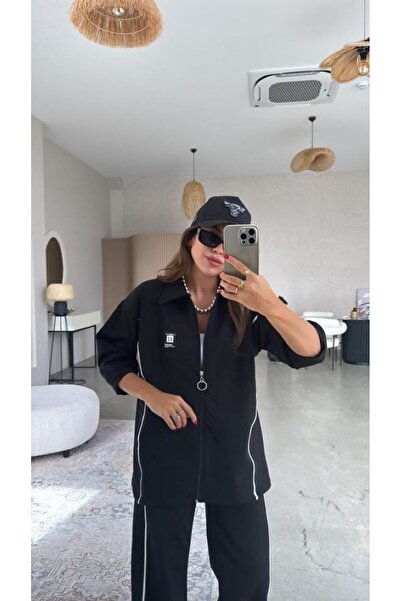 QİMYA BUTİK بدلة نسائية من القطن الممشط بأكمام ثلاثة أرباع وياقة بولو وسحاب و...