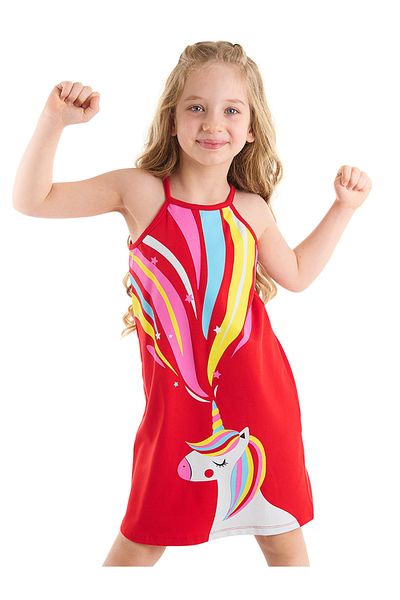 Denokids Einhorn-Liebesmädchen-Sommerkleid mit Trägern in Rot