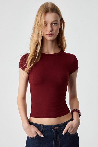 GRIMELANGE Dulce Women's Slim Fit Short Sleeve Brick Color T-Shirt