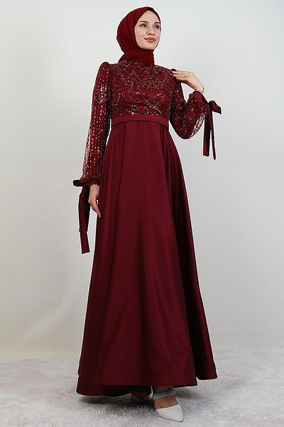GİYZAMİLA Βραδινό φόρεμα Stoned Satin Hijab Claret Red