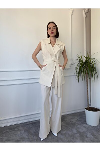 QİMYA BUTİK MAGARDE Women's Mid-Length Belted Vest and Loose Trousers Double Linen Set