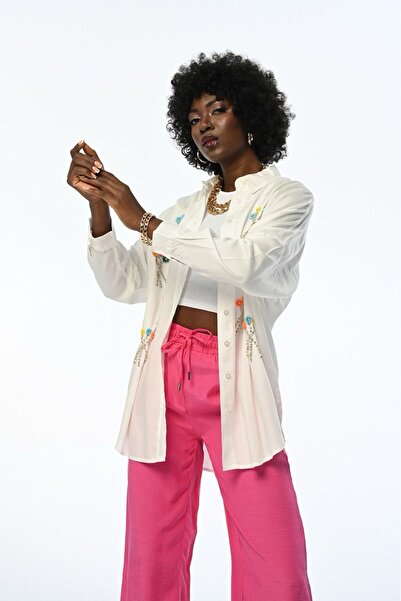 Orfeo Negro Kadın Renkli Taşlı Boncuklu Pamuk Saten Gömlek