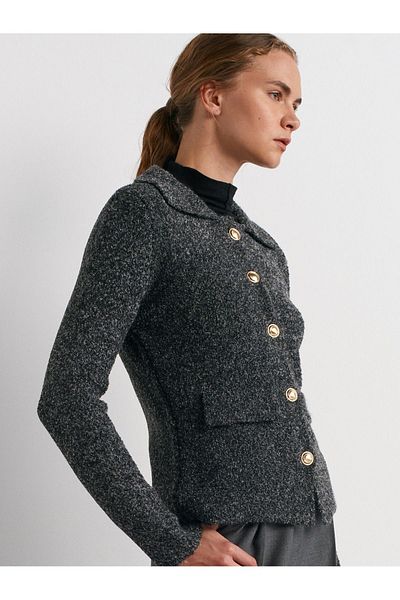Dilvin 60265 Polo Collar Buttoned Pocket Detailed Knitwear Cardigan