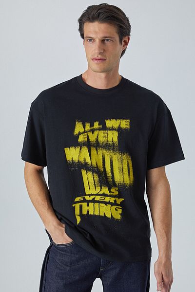 GRIMELANGE Edimburgo Men's Print Detailed 100% Organic Cotton Oversize Crew Neck Black T-Shirt