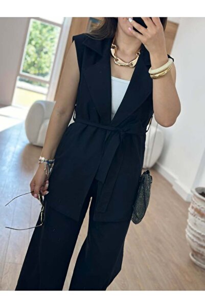 QİMYA BUTİK MAGARDE Women's Mid-Length Belted Vest and Loose Trousers Double Linen Set