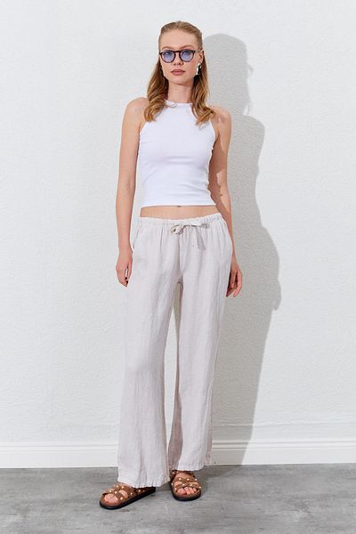 TENA Women's Stone Waist Rope Tied Linen Side Pocket Wide Leg Pants
