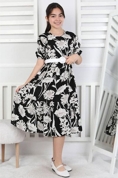 ARBİ kids Girl's Black Floral Patterned Wrapped Fabric Summer Belted Eid Long Dress