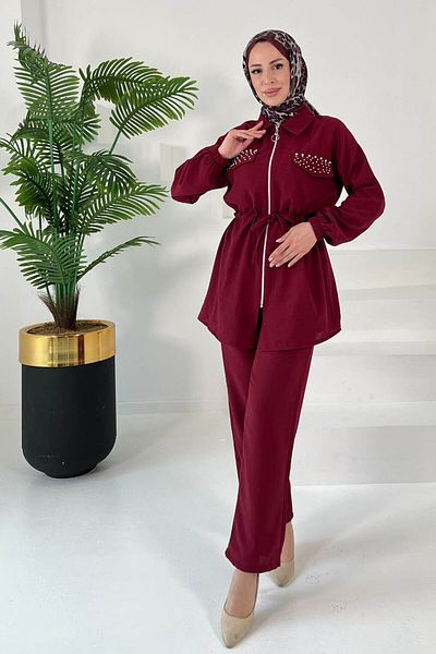 TOFİSA Stone Detailed Double Suit Claret Red - 27007