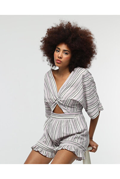 Stil Sepeti Women Lilac V Neck Short Sleeve Striped Ruffle Detail Mini Jumpsuit Tll-1000412300