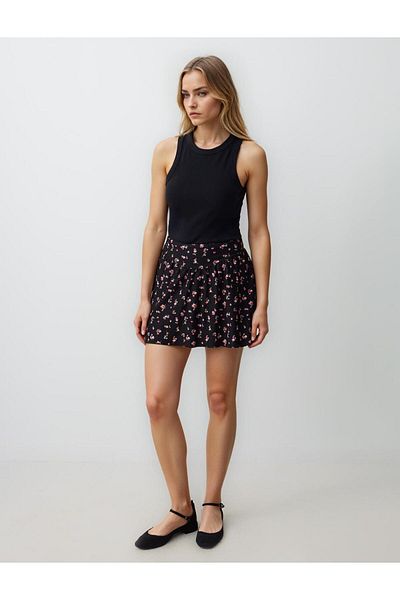 Jimmy Key Black Normal Waist Floral Patterned Knitted Mini Skirt