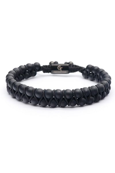 GT Collection Ανδρικό βραχιόλι GT Collection με διπλές χάντρες και ενεργειακές πέτρες ΜΑΥΡΟΥ ΟΝΥΧΑ, ένα μέγεθος και ρυθμιζόμενο κορδόνι