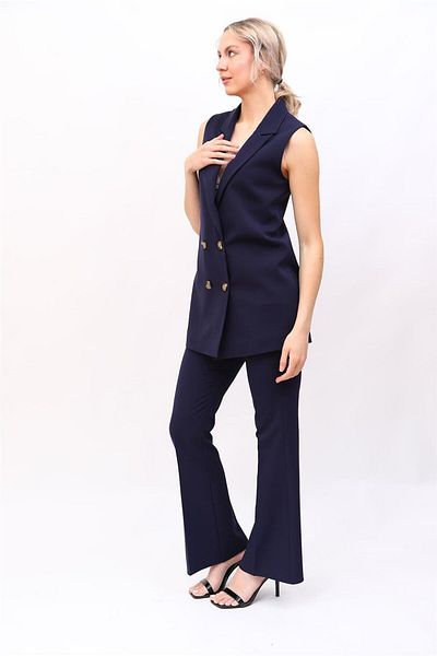 ÖNDER ÖZSOY Midi Length Classic Vest & Flared Trousers-Navy Blue