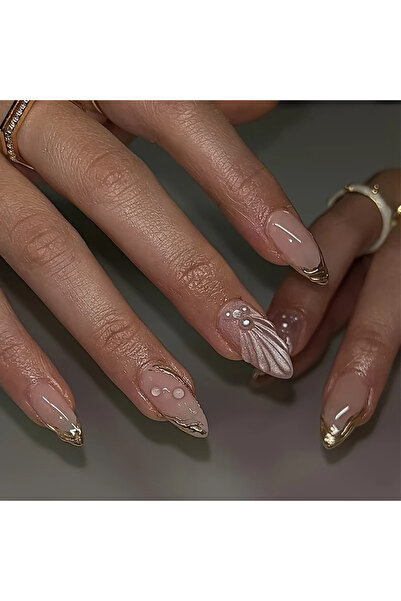 NAİL ART 24 Adet Deniz Kabuğu Jel Pembe & Altın Badem Takma Tırnak Seti