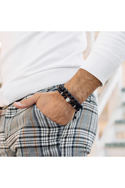 GT Collection GT Collection, Ανδρικό Βραχιόλι με Κεφαλή Λεοπάρδαλης και Ενεργειακές Πέτρες από ΜΑΥΡΟ ΟΝΥΧΑ, Ένα Μέγεθος & Ρυθμιζόμενο Κορδόνι