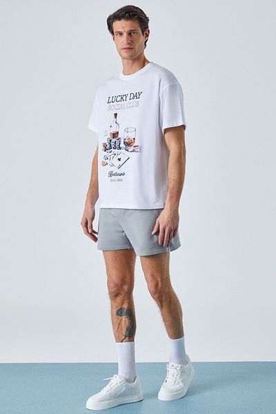 GRIMELANGE Lucky Men's Oversize Fit White T-Shirt