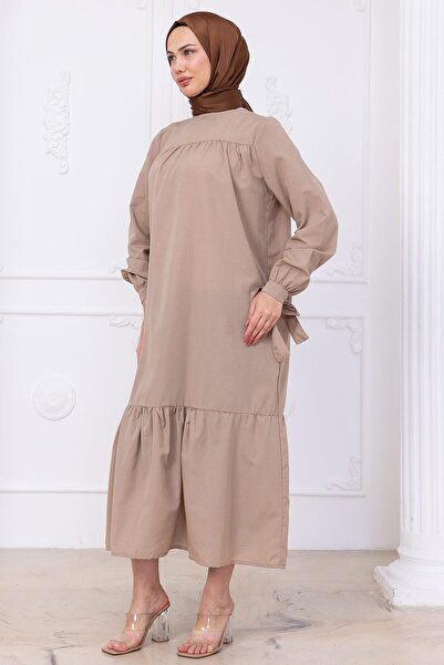 hafsamina Φόρεμα με μανίκια με δέσιμο μπεζ HM2081