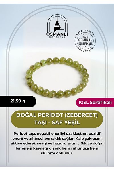 OSMANLI DOĞAL TAŞ Igsl Certified Natural Peridot (Zebercet) Stone – 21.59 g Pure Green