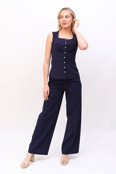 ÖNDER ÖZSOY Button-Down Vest & High Waist Loose Wide Leg Pants Set-Navy Blue