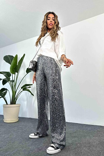 BEBE PLUS Γυναικείο φαρδύ παντελόνι με ελαστική μέση και παγιέτες