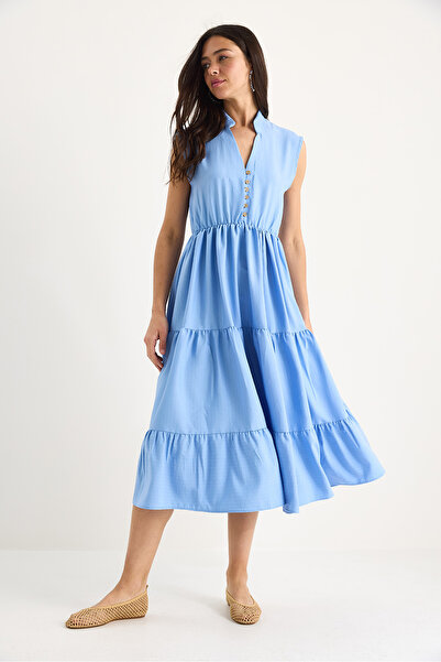 Bianco Lucci Women's Striped Elastic Waist V-Neck Flounce Summer Modal Dress 7009 60283385