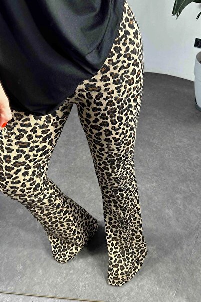 QİMYA BUTİK Kadın Çelik Örme Beli Lastikli En Boy Full Likra İspanyol Paça Leopar Desenli Pantolon
