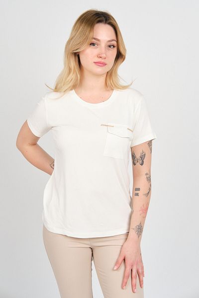 Sistas Women's Cover Pocket Crew Neck Short Sleeve Blouse 4144 Ecru