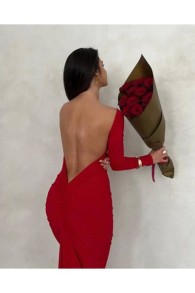 QİMYA BUTİK BIG FASHION Women's Back Low-cut Baseni Gather Detailed Long Sleeve Stylish Dress