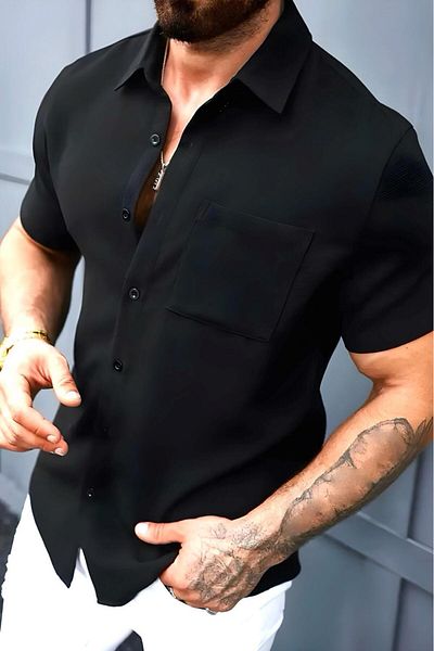 Oksit Theo Slim Fit Flexible Lycra Short Sleeve Standing Collar Men's Shirt