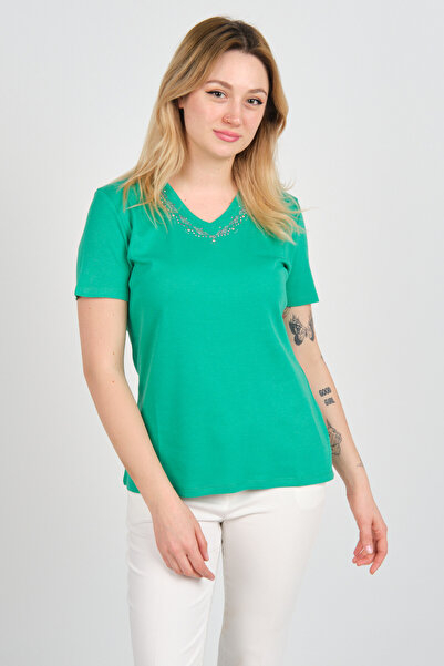 ELLA CAMELIA Bluză din bumbac cu mânecă scurtă, brodată cu pietre și ornament...