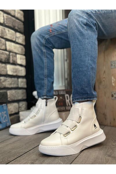 Byshoes BA0142 Banded Men's High Sole White Sports Boots