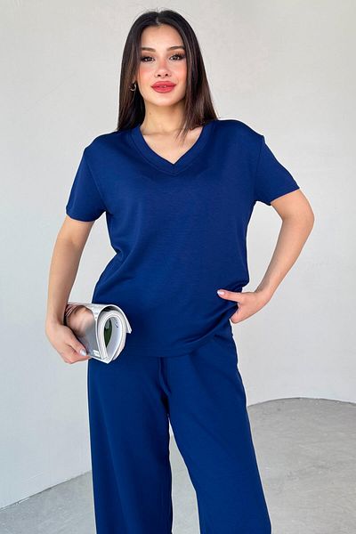 Cappmoda Tkm-13261 Navy Blue V-Neck T-Shirt High Waist Loose Trousers Two-Piece Set
