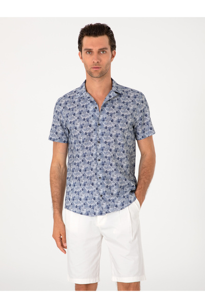 Cacharel Lacivert Regular Fit Keten Karışımlı Desenli Kısa Kollu Gömlek 50302...