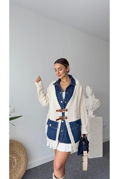 QİMYA BUTİK Robin Women's Jean Shirt Detailed Leather Clasp Design Oversize Cardigan
