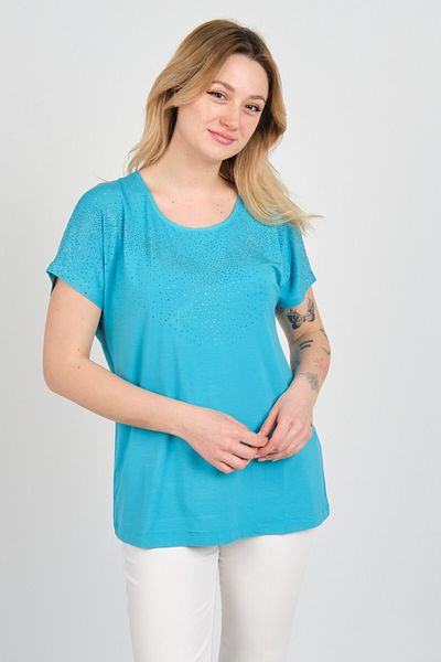 ELLA CAMELIA Bluză de damă cu mânecă joasă, cu decorațiuni de piatră, cu decolteu, 24E116 Albastru deschis