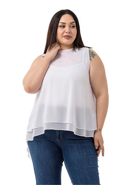 DISENTIS MODEST Large Size Back Button Asymmetrical Cut Double Layer Chiffon White Blouse