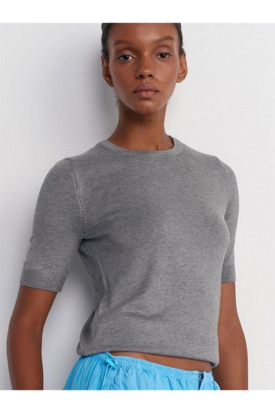 Dilvin Women's Smoked Melange Sweater - Crew Neck, Button Back, Short Sleeve
