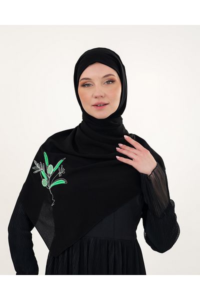 Zaytoon Polyster Black Color Shawl Palestine Olive Branch Colorful Embroidered S100034