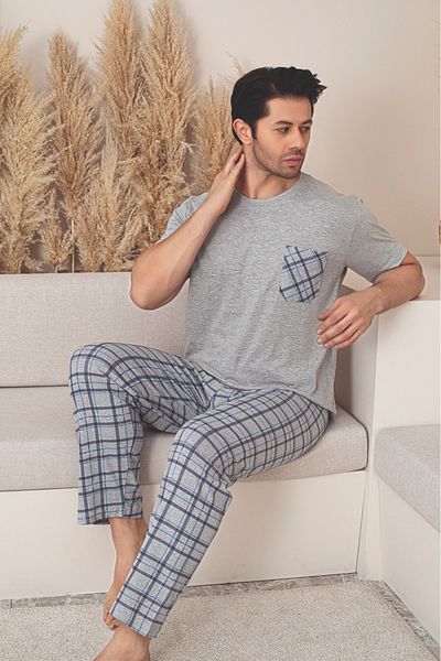 Sude HOMEWEAR Ανδρικό σετ πιτζάμες με κοντό μανίκι με καρό τσέπη