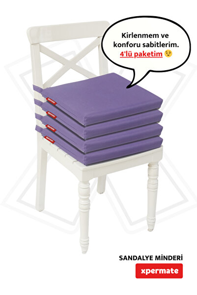 XPERMATE Fermuarlı 4'lü Sandalye Minderi Su Itici Kumaş 40x40 Cm Sünger Sandalye Minderi Bağcıklı Mor