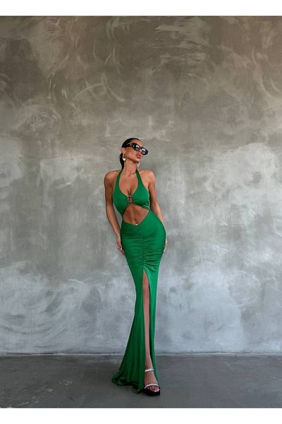 QİMYA BUTİK BIG FASHION Women's Window Drawstring Detail Halter Neck Deep Slit Stylish Dress
