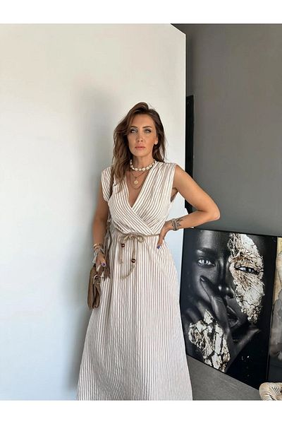 QİMYA BUTİK EXOTIC ASORTIC - Striped Straw Belted Double Breasted Collar Sleeveless Women's Dress