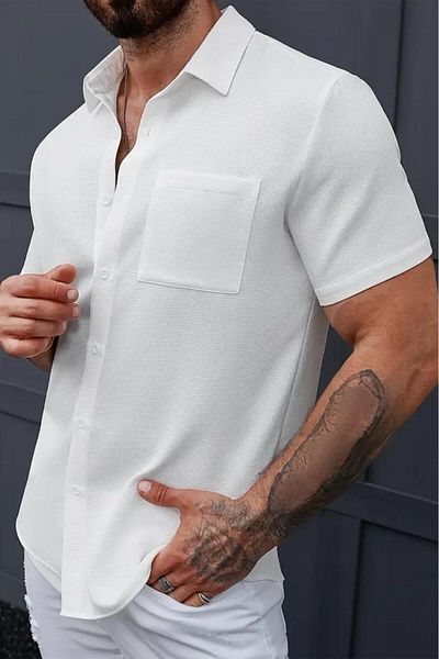 Oksit Theo Slim Fit Flexible Lycra Short Sleeve Standing Collar Men's Shirt