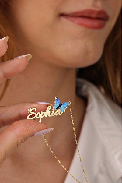 HomSilverjewelry 925 Ayar Gümüş Kişiye Özel Isimli Mavi Kelebek Detaylı Kadın...